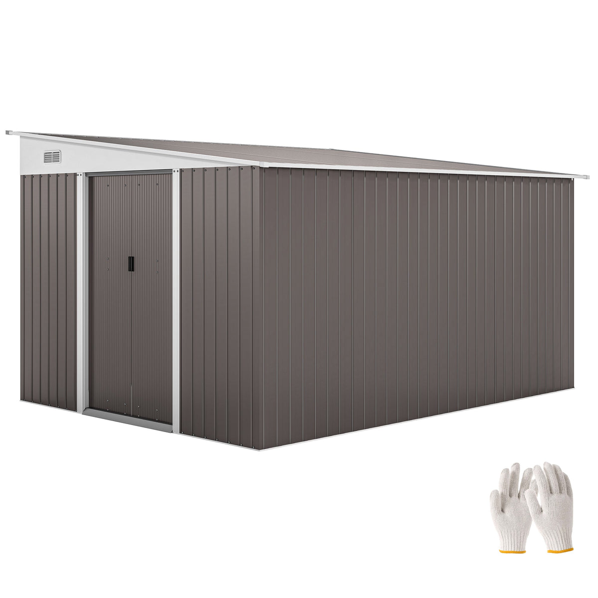 11.3 x 9.2ft Steel Garden Shed Metal Tool House Double Doors & 2 Air Vents, Grey