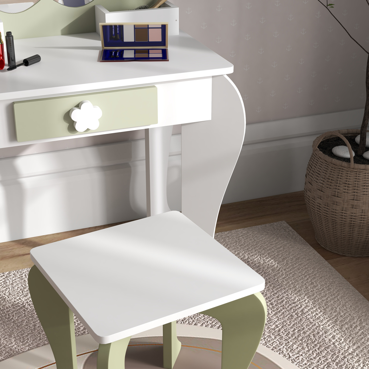 ZONEKIZ Kids Vanity Table Set, Beauty Flower Design, for Ages 3-6 Years - White