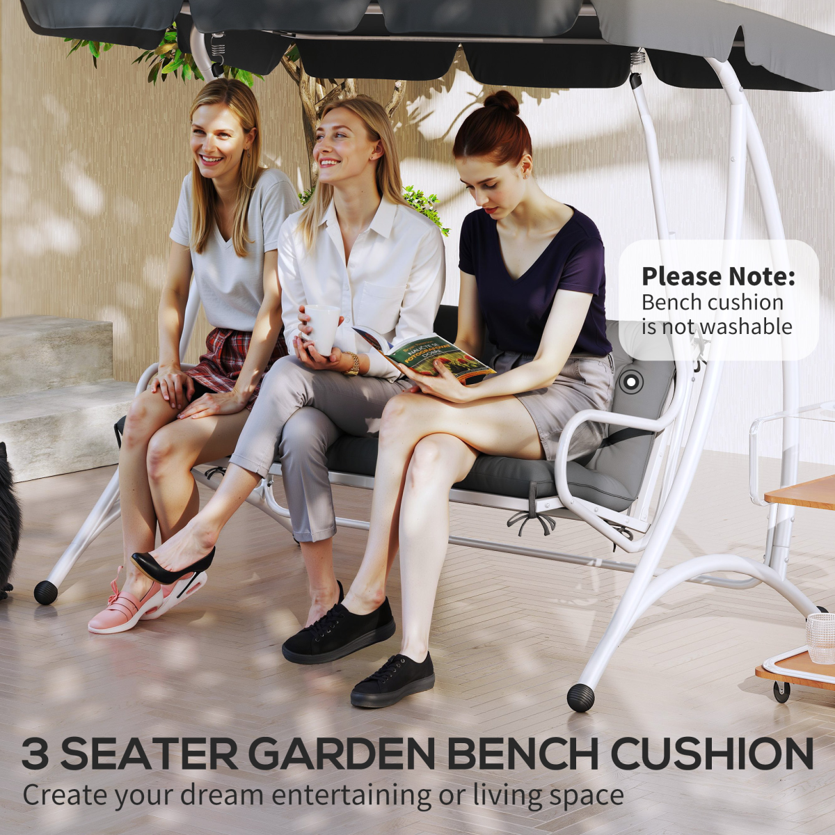 3 Seater Garden Bench Cushion Outdoor Seat Pad with Ties Dark Grey