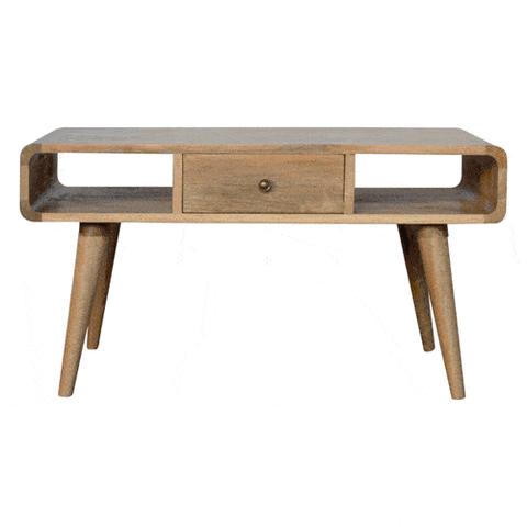 Artisan Furniture Solid Wood Curved Oak-ish Coffee Table, Beige, 2Drawers