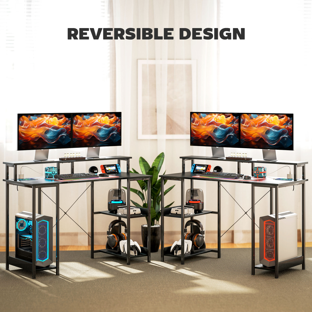 HOMCOM Computer Desk Reversible Home Office Desk with Storage Black