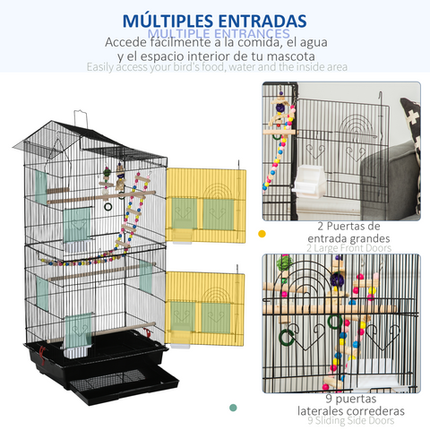 Metal Bird Cage for Budgies, Finches w/ Accessories, Toys, Tray, Handle - Black