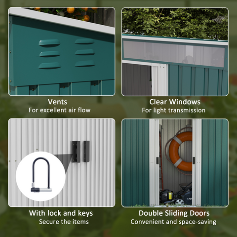 Outsunny 6.5x4FT Garden Shed with Foundation Lockable Metal Tool Shed Green
