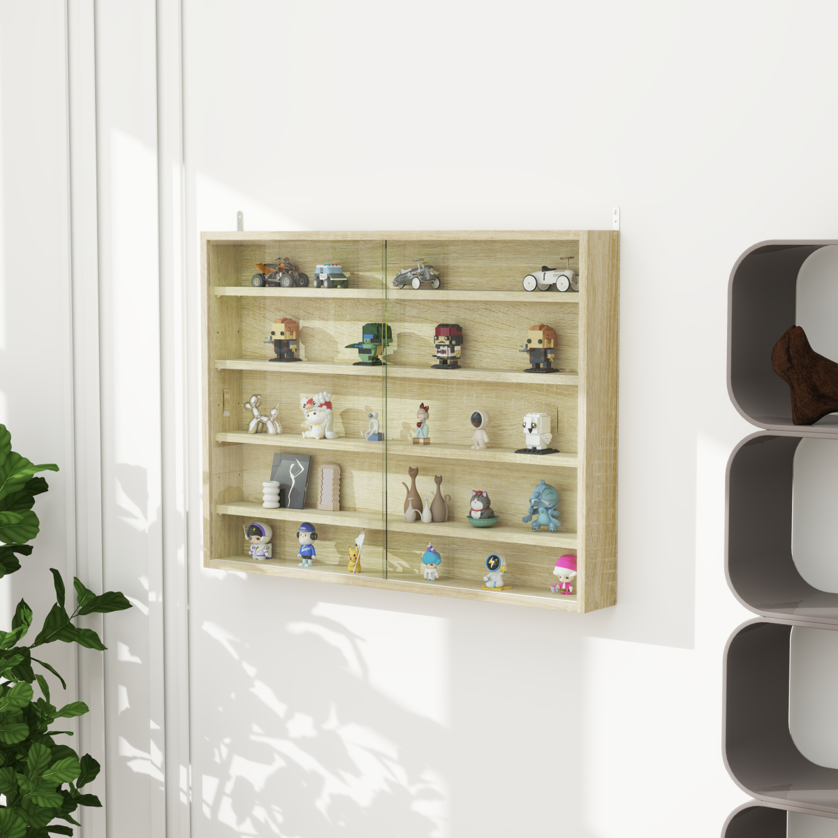 HOMCOM 5-Tier Wall Display Shelf Unit Cabinet w/ Shelves Glass Doors Oak