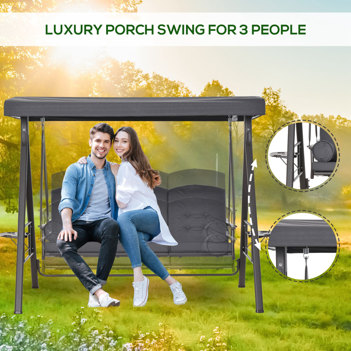 Steel Swing Chair Hammock Garden 3 Seater Canopy w/ Cushions Shelter