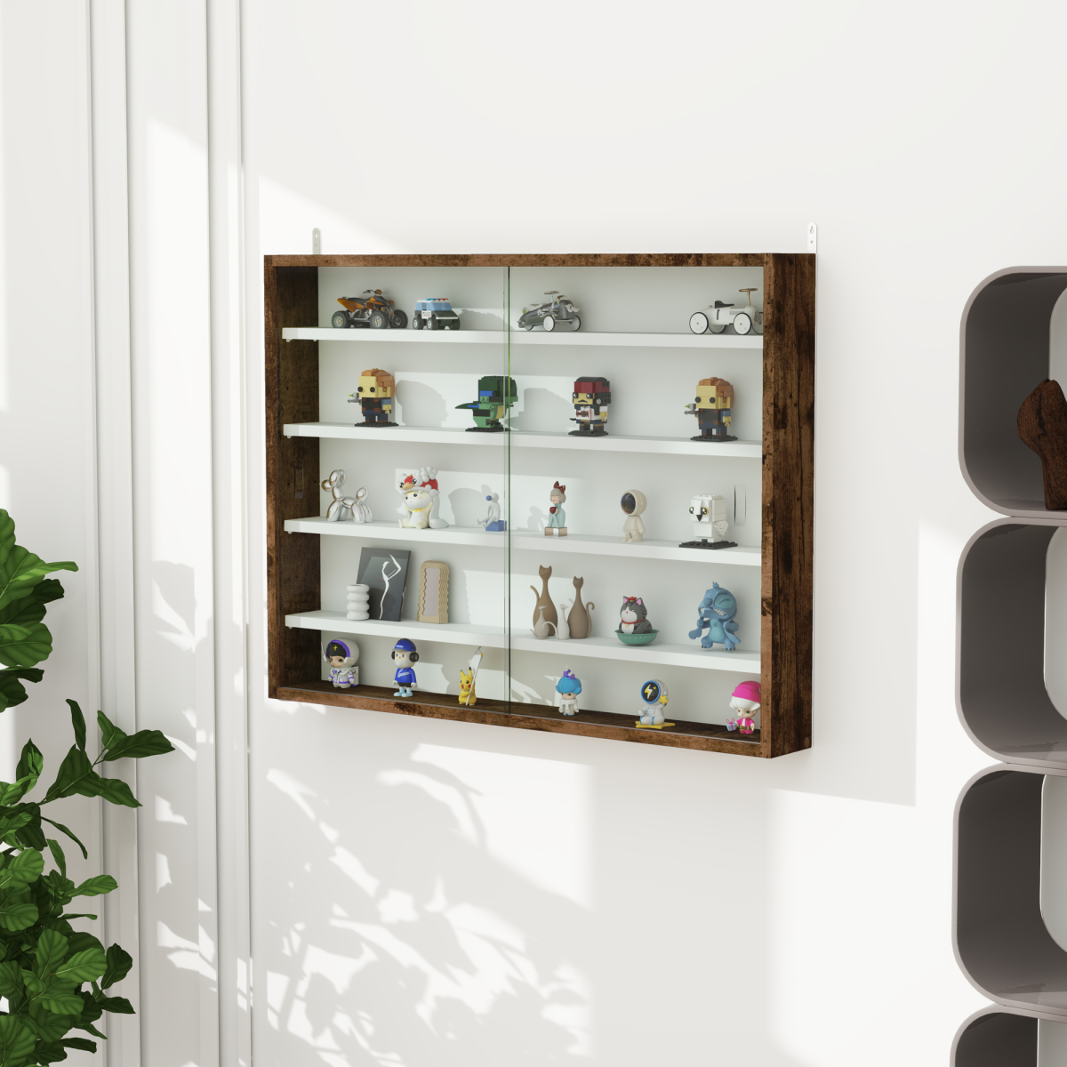 HOMCOM 5-Tier Wall Display Shelf Unit Cabinet w/ Shelves Glass Doors brown