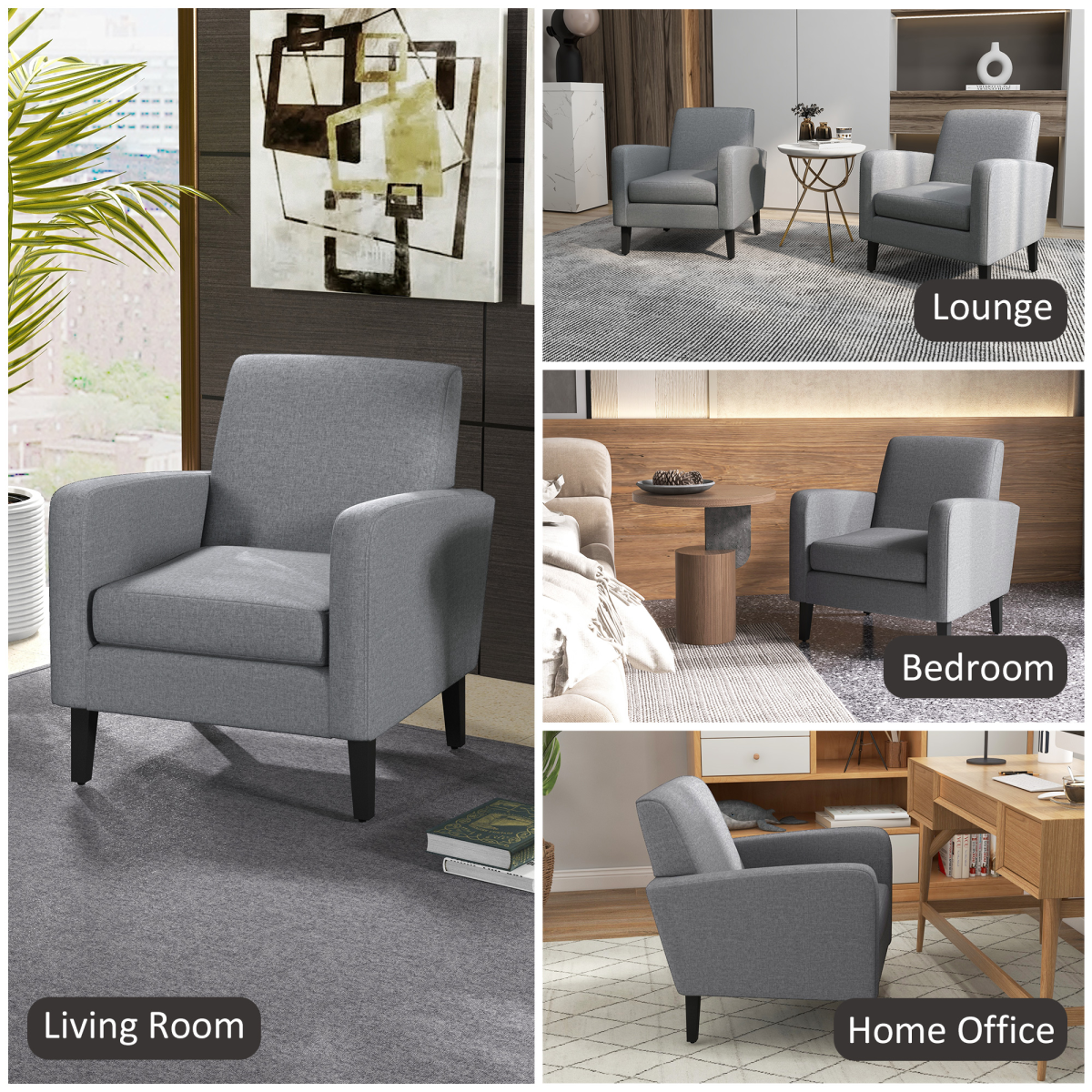 Linen Modern-Curved Armchair Accent Seat w/ Thick Cushion Wood Legs Grey