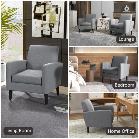 Linen Modern-Curved Armchair Accent Seat w/ Thick Cushion Wood Legs Grey