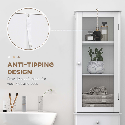 Bathroom Storage Cabinet with 3-tier Shelf Drawer Glass Door, Shelves, White