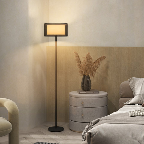 HOMCOM Modern Standing Lamp with Double Layer Shade & Foot Switch, Black