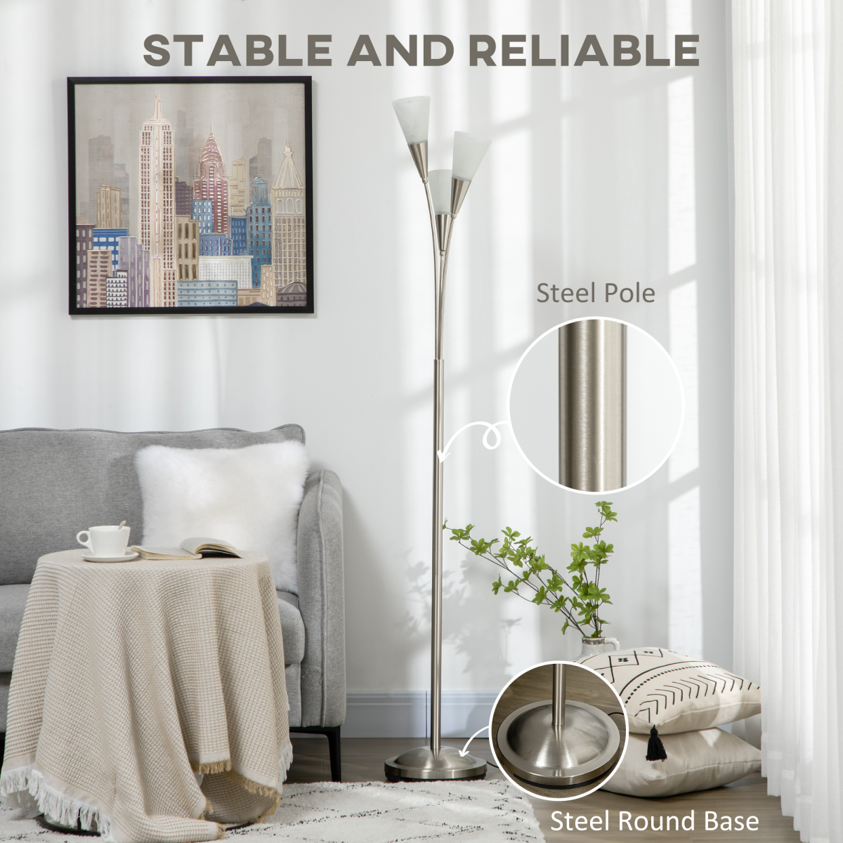 Modern Floor Lamp for Living Room Bedroom, 3 Light Upright Standing Lamp