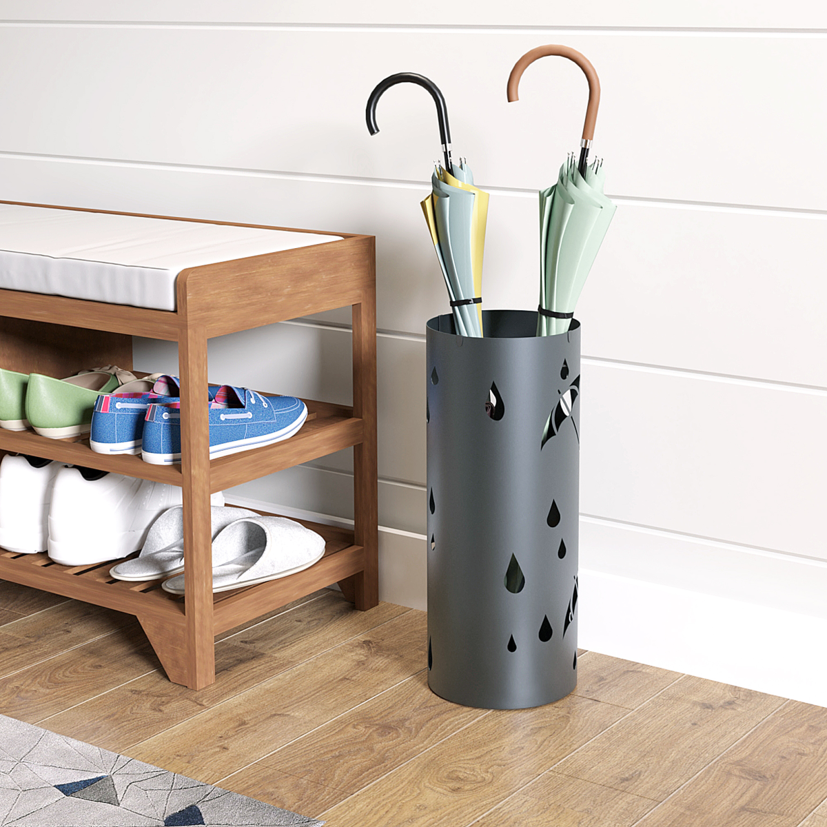 HOMCOM Metal Umbrella Stand, Hollowed Umbrella Basket with 4 Hooks and Drip Tray