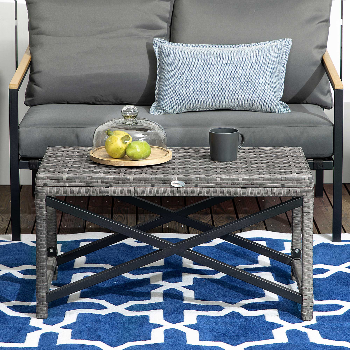 PE Wicker Outdoor Coffee Table w/ Plastic Board Under the Full Woven Table Top