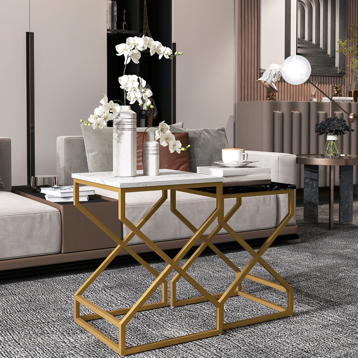 HOMCOM Nest Of Tables, Coffee Table Set with Steel Frame Black/White