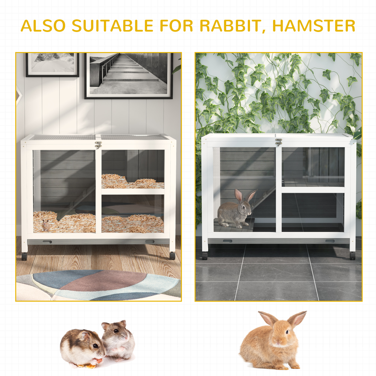 Wood Rabbit Hutch Bunny Cage Pet House Indoor W/ Tray Ramp, Grey Pawhut
