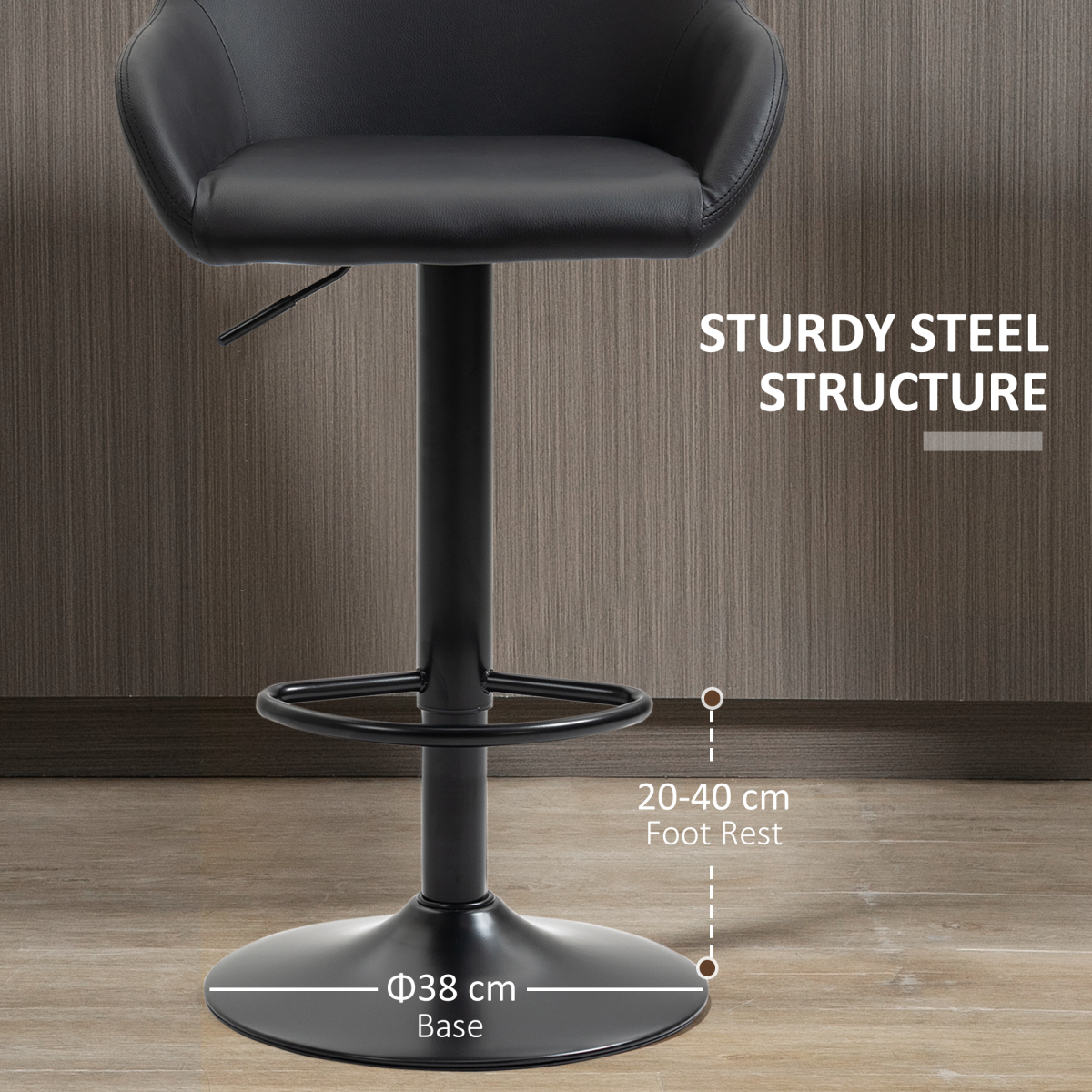 Set of 2, Swivel Barstools with Footrest and Backrest, PU Leather Black