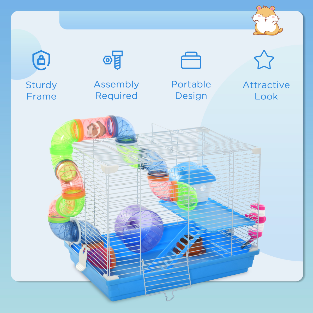 Hamster Cage Carrier Small Animal House w/ Exercise Wheels Tunnel Tube Pawhut