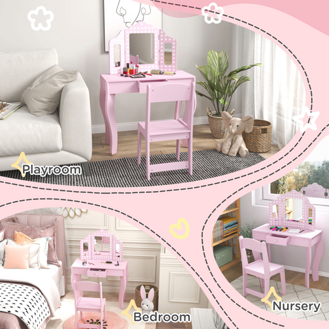 AIYAPLAY Kids Dressing Table Set Make up w/ Stool, Drawer, for Playroom