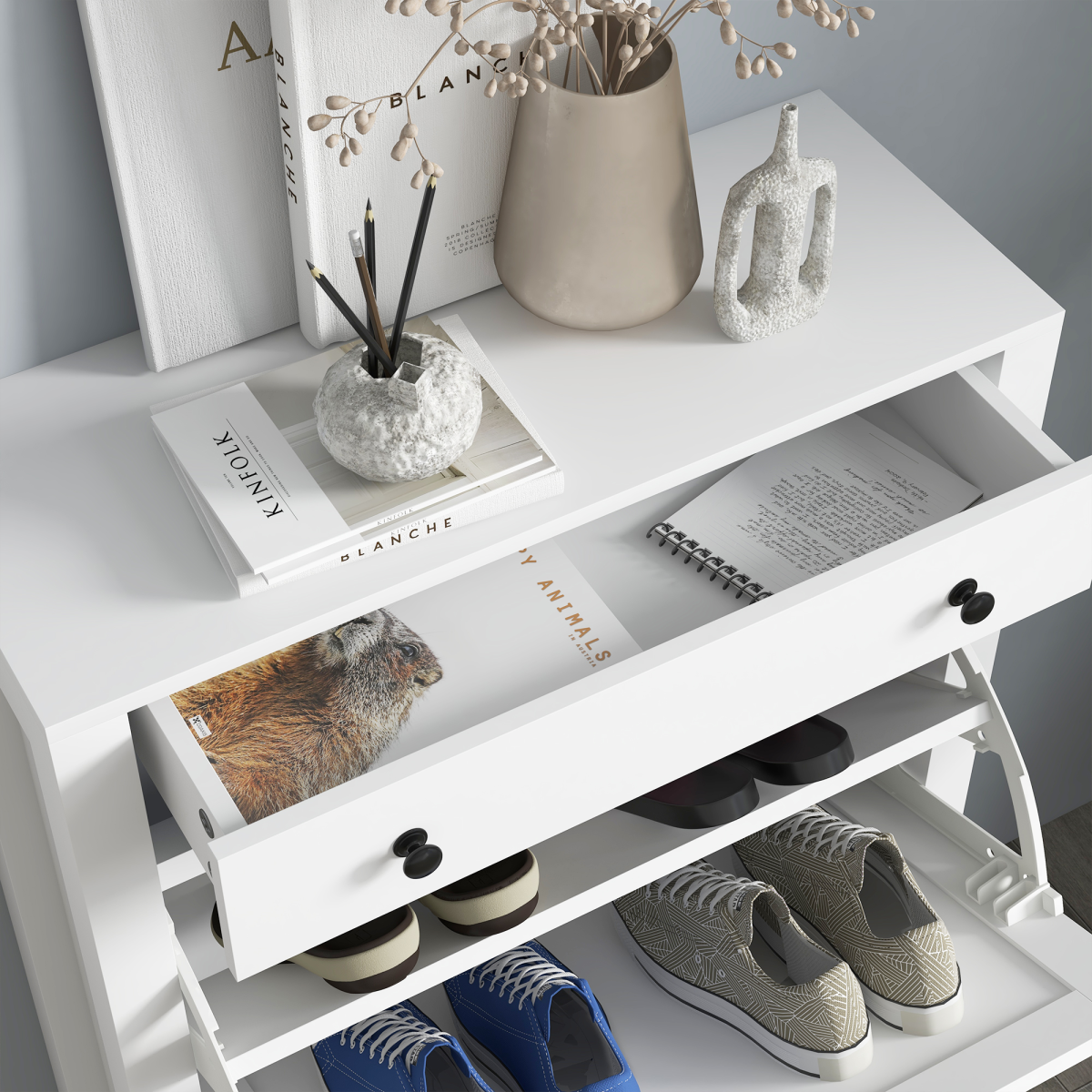 HOMCOM Narrow Shoe Cabinet with 2 Flip Drawers and Top Drawer, White