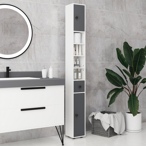 kleankin Slim Bathroom Cabinet, Toilet Roll Storage w/ Open Shelves, Grey