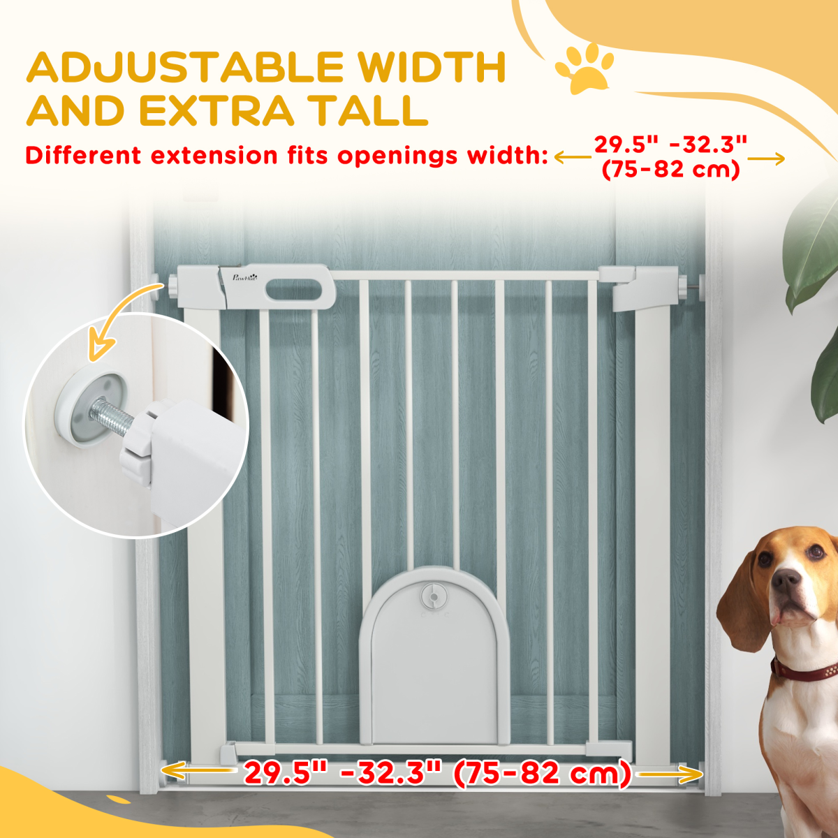 PawHut 75-82 cm Pet Safety Gate Pressure Fit Stair w/ Small Door Double Locking