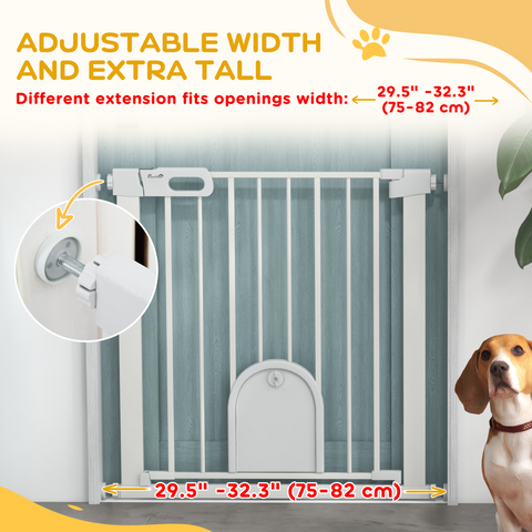 PawHut 75-82 cm Pet Safety Gate Pressure Fit Stair w/ Small Door Double Locking