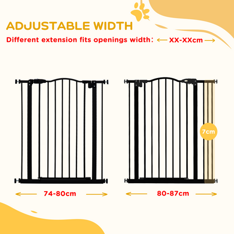 PawHut 74-87cm Adjustable Metal Pet Gate Safety Barrier w/ Auto-Close Door Black