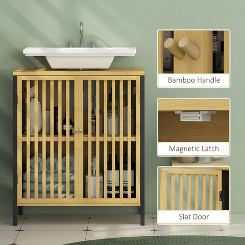 HOMCOM Under Sink Bathroom Cabinet, Bamboo Sink Storage Cabinet Slat Doors