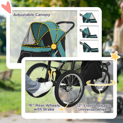 PawHut 3 Wheel Pet Stroller, for Medium Small Dogs, Foldable Cat Pram - Green