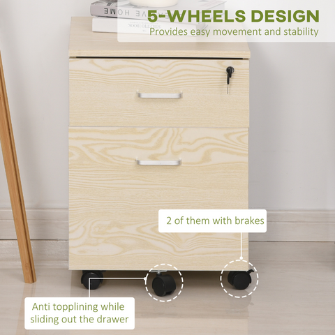 2-Drawer Locking Office Filing Cabinet 5 Wheels Rolling Storage Oak Vinsetto
