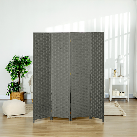 4-Panel Folding Wall Divider Room, Wave Fibre Privacy Screen Panels, Grey
