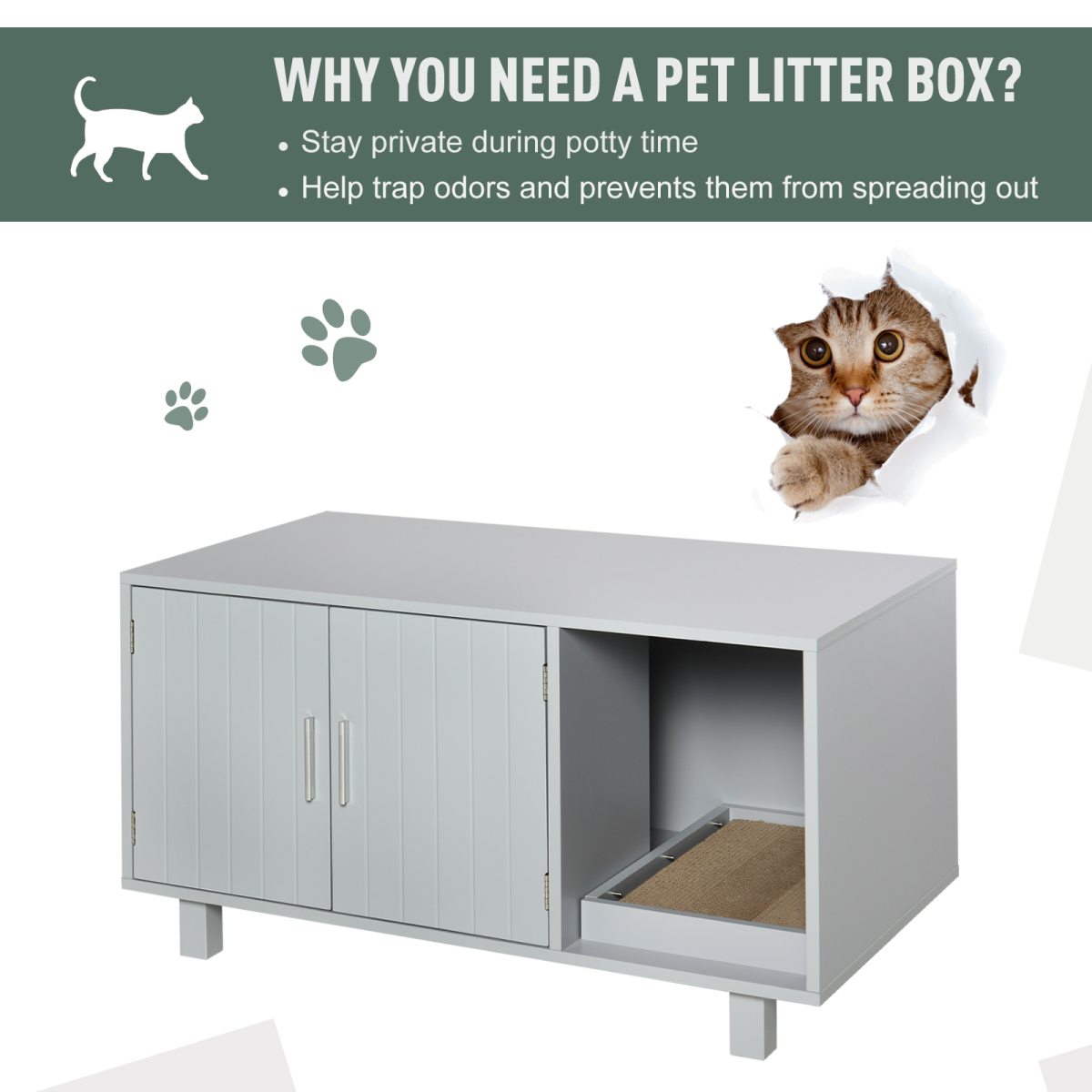 Indoor Feline Cat Box Furniture Kitty Table w/ Scratch & Magnetic Doors, Grey