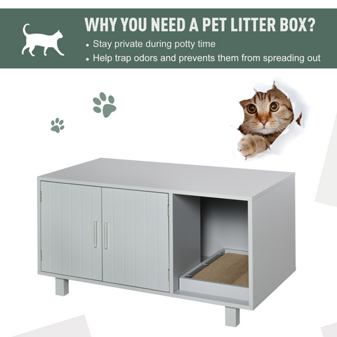 Indoor Feline Cat Box Furniture Kitty Table w/ Scratch & Magnetic Doors, Grey