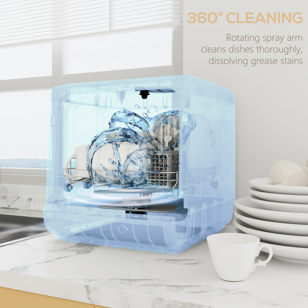 HOMCOM Worktop Dishwasher w/ 4 Place Settings 6 Programs, Silver Tone