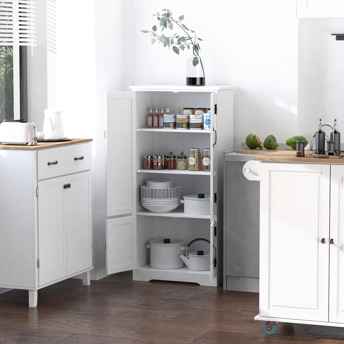 Modern Freestanding Storage Hutch Furniture with 2 Large Doors and 2 Small Doors