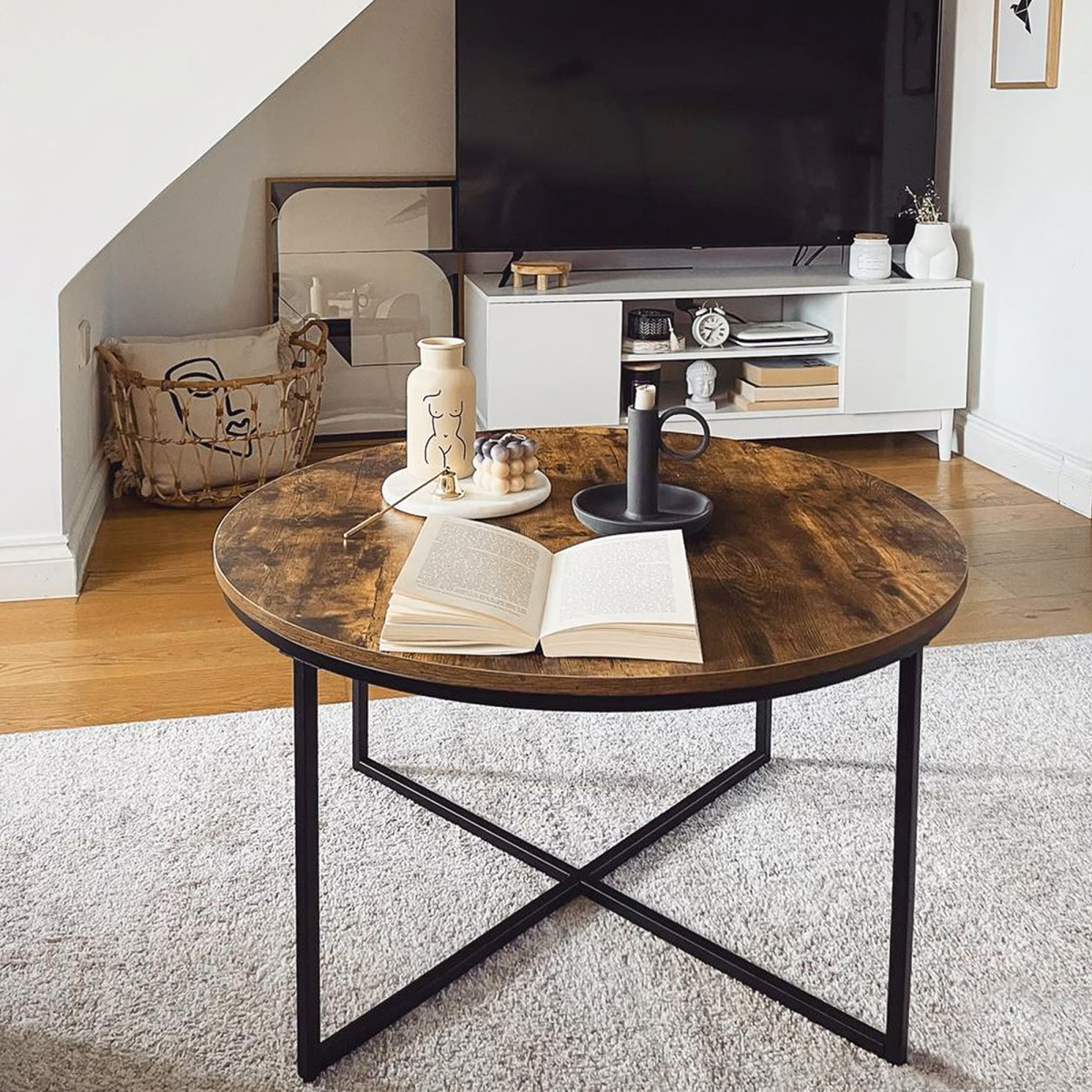 Industrial Round Side Table with Metal Frame, Large Tabletop, Rustic Brown