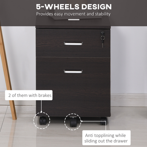 2-Drawer Locking Office Filing Cabinet 5 Wheels Rolling Storage Brown Vinsetto