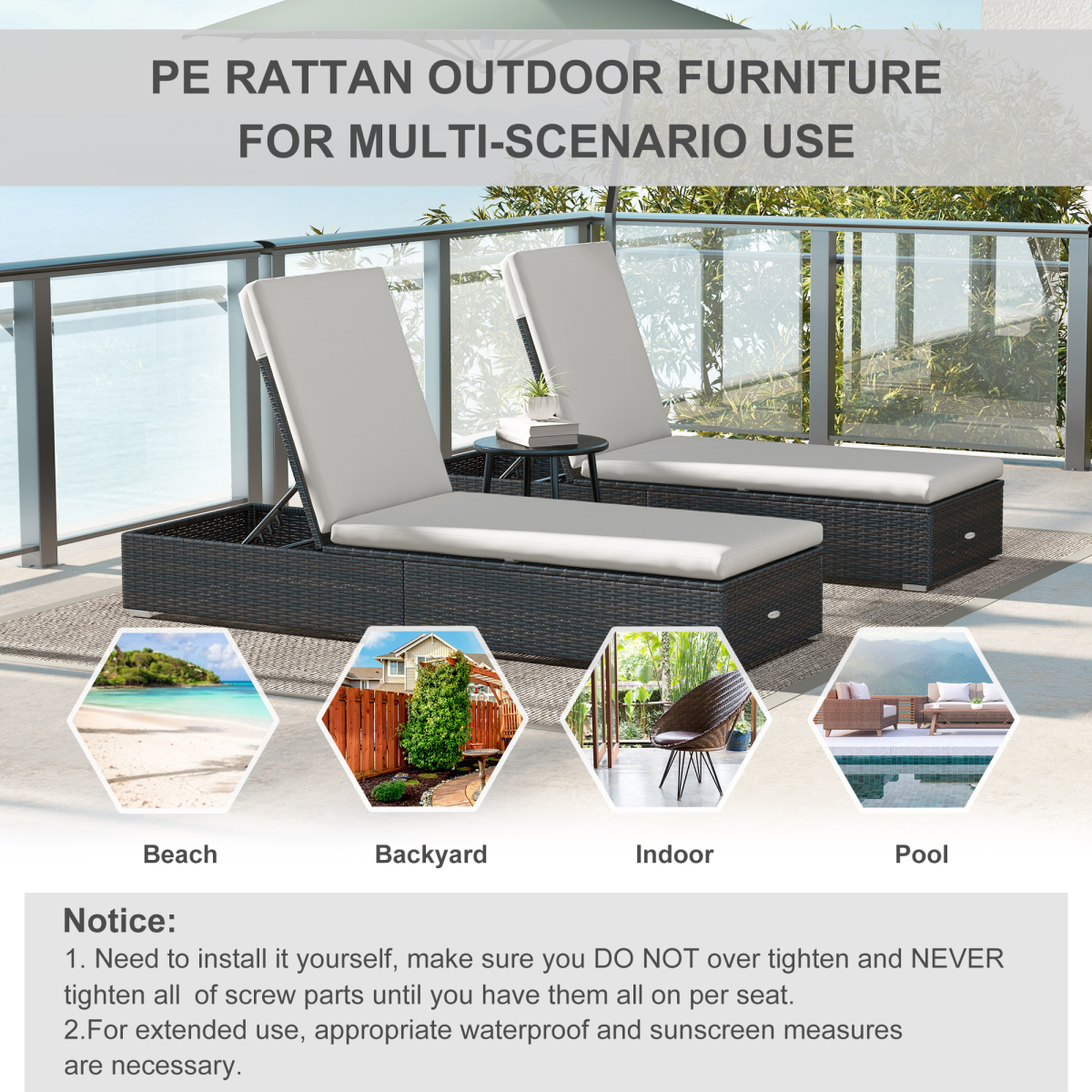 Outsunny Rattan Sun Loungers Set of 2, Recliner Chairs, Adjustable Back, Brown