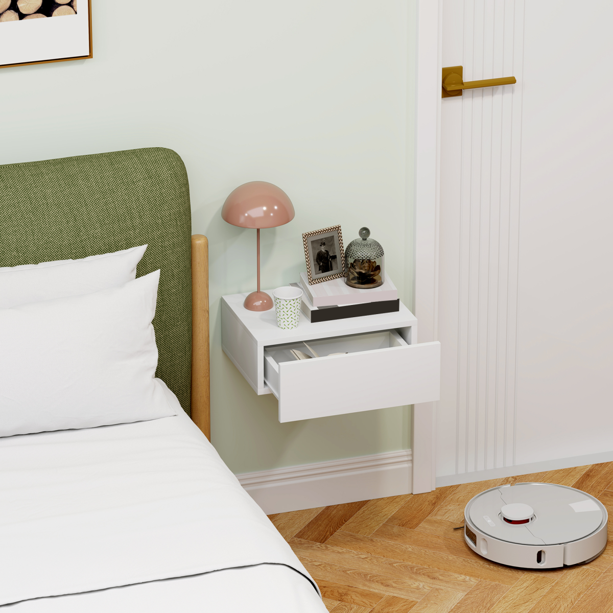 HOMCOM Floating Bedside Table, Wall-Mounted Side Table for Bedroom, White