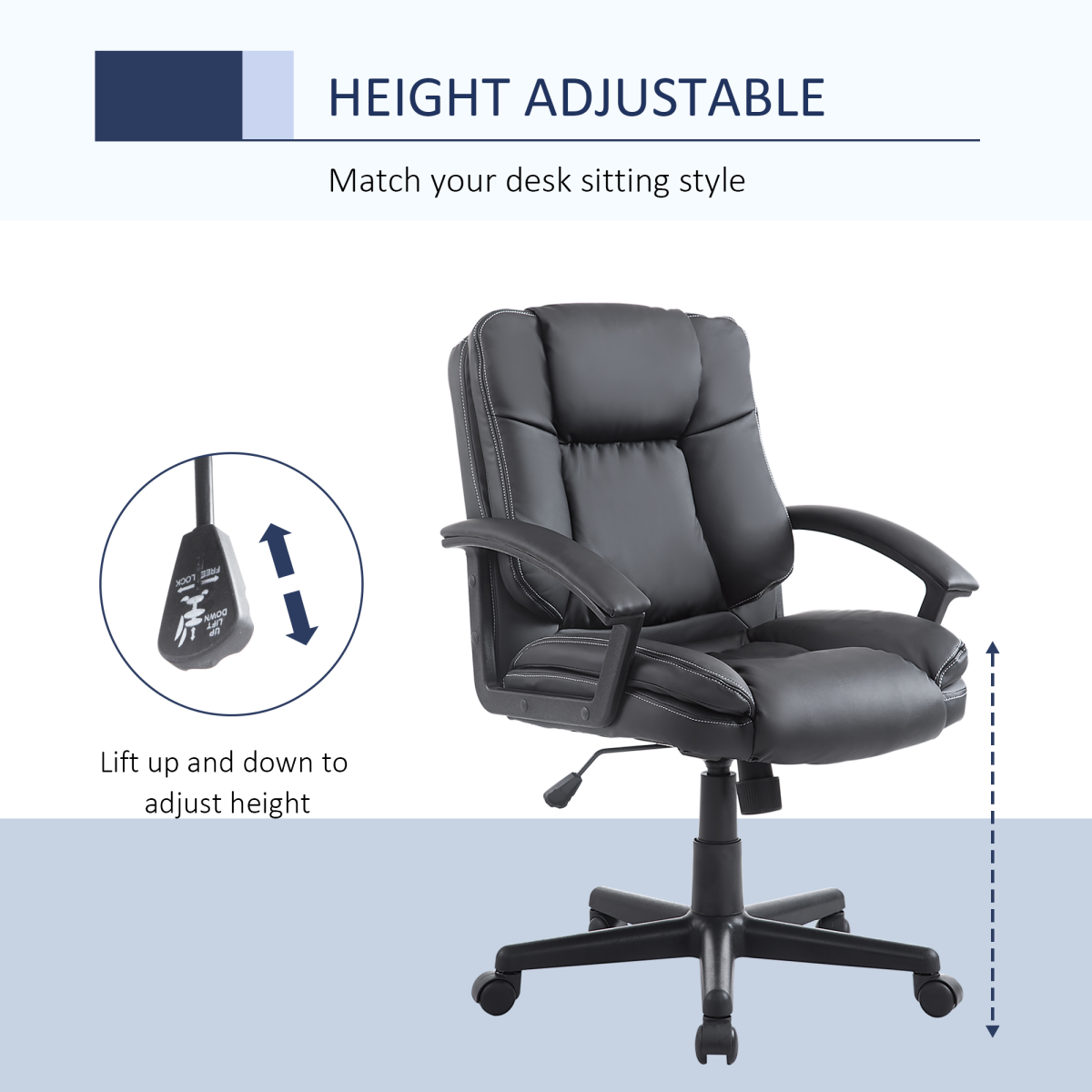 Swivel Executive Office Chair Mid Back PU Leather Chair w/ Arm, Black HOMCOM
