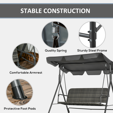 Outsunny 3-person Rattan Swing Chair, Hanging Bench w/ Stand, Adjustable Canopy