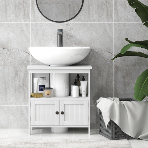 kleankin Bathroom Pedestal Under Sink Cabinet  Storage Shelves, Door, White