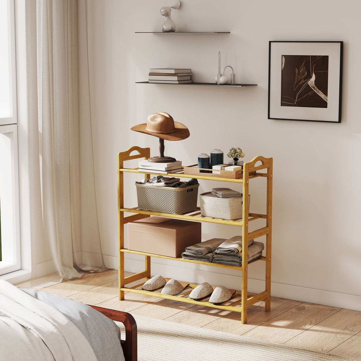 HOMCOM 4-Tier Shoe Rack, Bamboo Shoe Shelf Stand, Natural Wood Finish