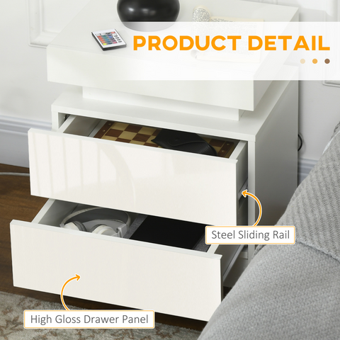 HOMCOM White Bedside Table, High Gloss Front Nightstand w/ LED Light, 2 Drawers