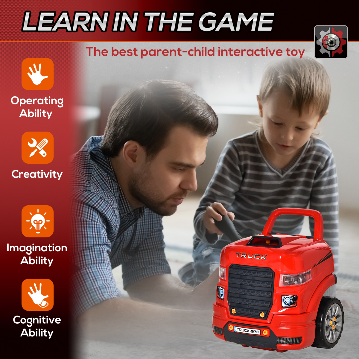 Kids Truck Engine Toy Set w/ Horn, Light, Car Key for 3-5 Years Old Red