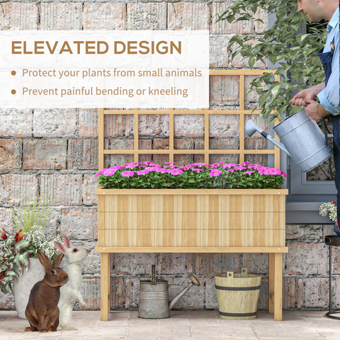 Outsunny Wood Raised Planter w/ Trellis Drain Holes Elevated Garden Bed Natural