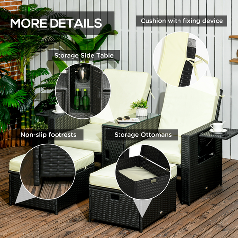 5-level Adjustable Rattan Sun Lounger w/ Storage Tea Table & Footstools, Balck