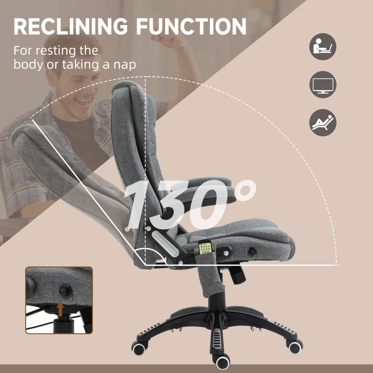 Executive Reclining Chair w/ Heating Massage Points Relaxing Headrest Grey