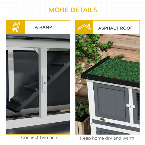 PawHut Double Decker Rabbit Hutch Bunny Cage Pet House Outdoor with Tray, Grey