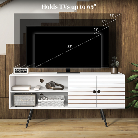 HOMCOM TV Unit for 65" TVs with 2 Open Shelves, Door and 2 Cable Holes, White